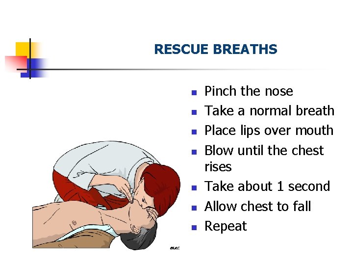 RESCUE BREATHS n n n n Pinch the nose Take a normal breath Place