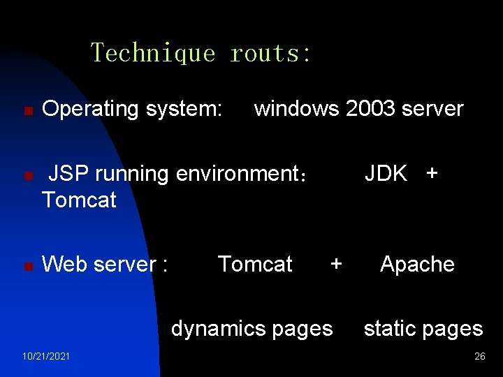 Technique routs: n n n Operating system: windows 2003 server JSP running environment： Tomcat