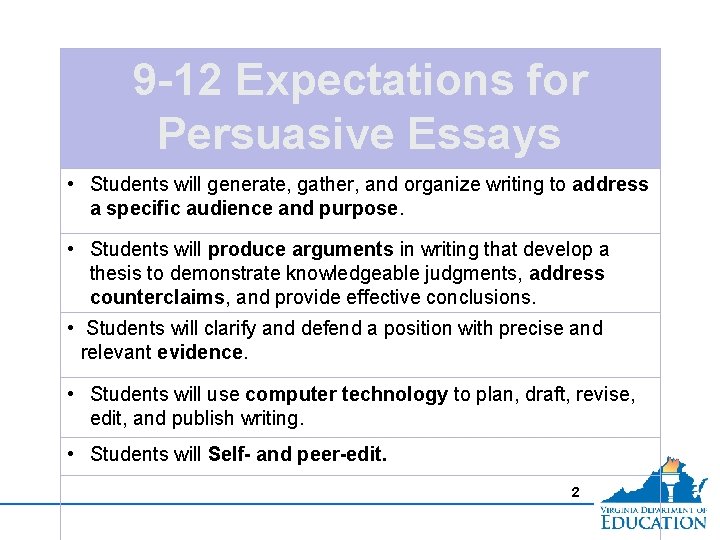 9 -12 Expectations for Persuasive Essays • Students will generate, gather, and organize writing