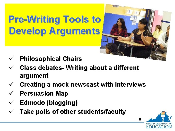 Pre-Writing Tools to Develop Arguments ü Philosophical Chairs ü Class debates- Writing about a