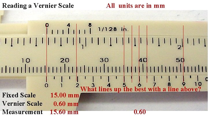 Reading a Vernier Scale Fixed Scale Vernier Scale Measurement 15. 00 mm 0. 60