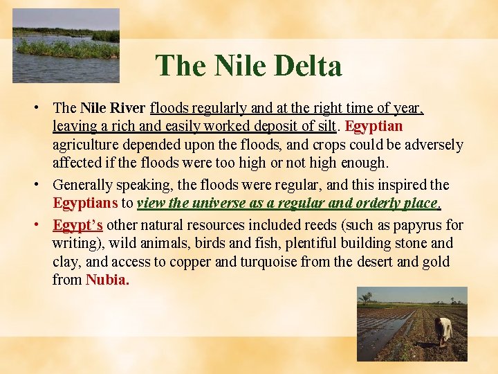 The Nile Delta • The Nile River floods regularly and at the right time