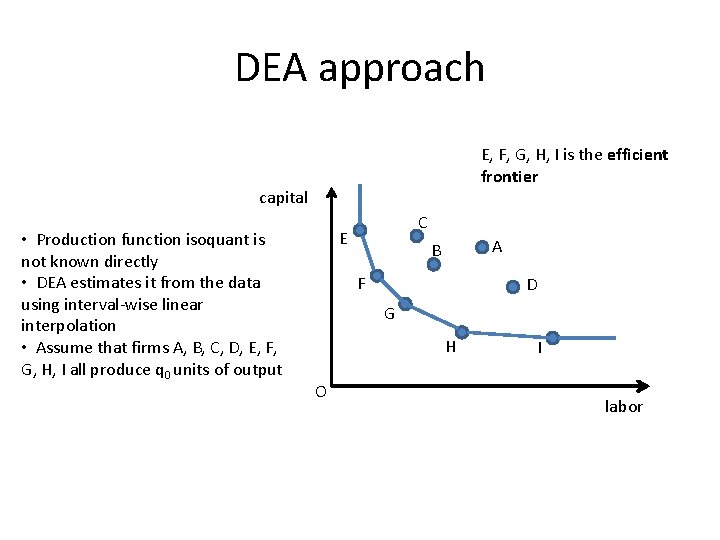 DEA approach E, F, G, H, I is the efficient frontier capital • Production