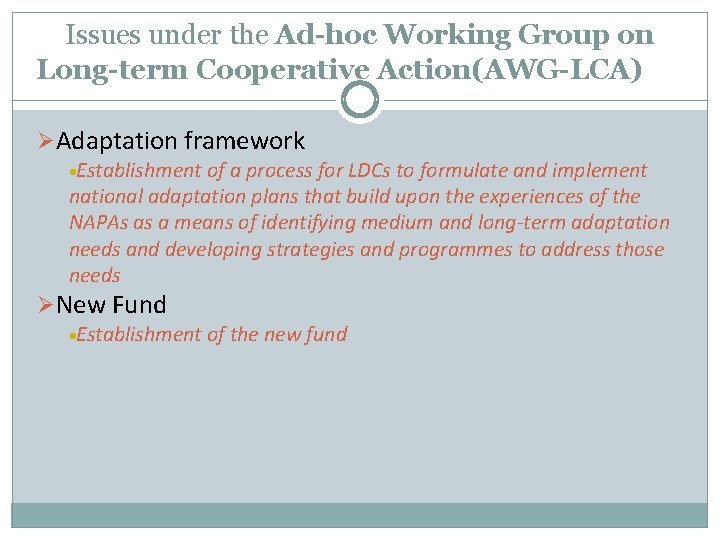 Issues under the Ad-hoc Working Group on Long-term Cooperative Action(AWG-LCA) ØAdaptation framework Establishment of