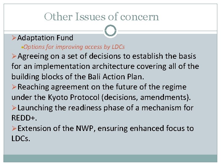 Other Issues of concern ØAdaptation Fund Options for improving access by LDCs ØAgreeing on