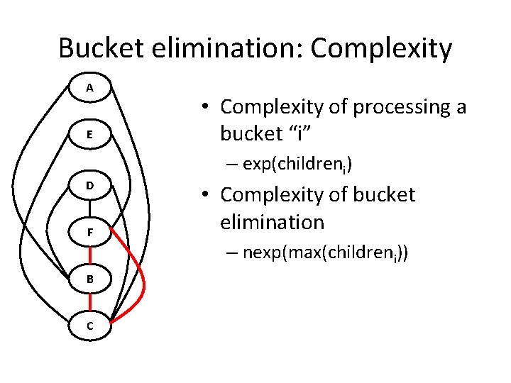 Bucket elimination: Complexity A E D F B C • Complexity of processing a