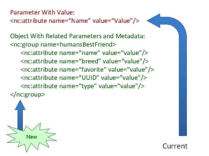 Parameter With Value: <nc: attribute name=“Name” value=“Value”/> Object With Related Parameters and Metadata: <nc: