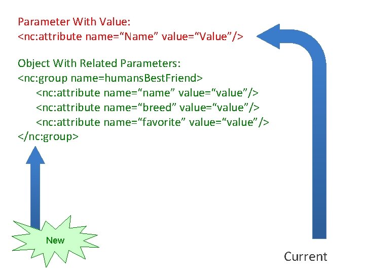 Parameter With Value: <nc: attribute name=“Name” value=“Value”/> Object With Related Parameters: <nc: group name=humans.