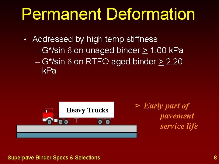 Permanent Deformation • Addressed by high temp stiffness – G*/sin on unaged binder >