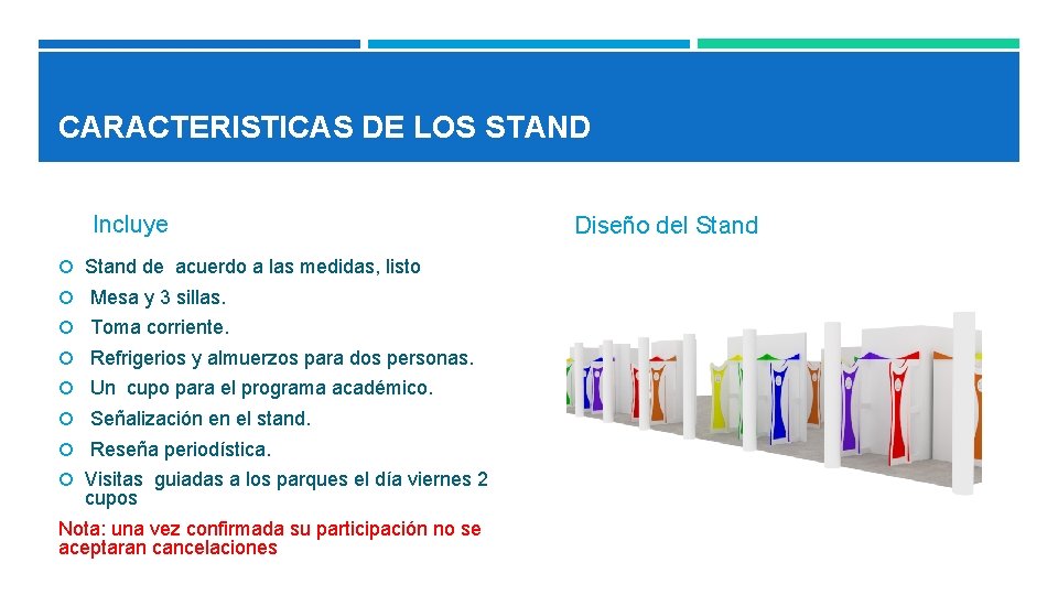 CARACTERISTICAS DE LOS STAND Incluye Stand de acuerdo a las medidas, listo Mesa y