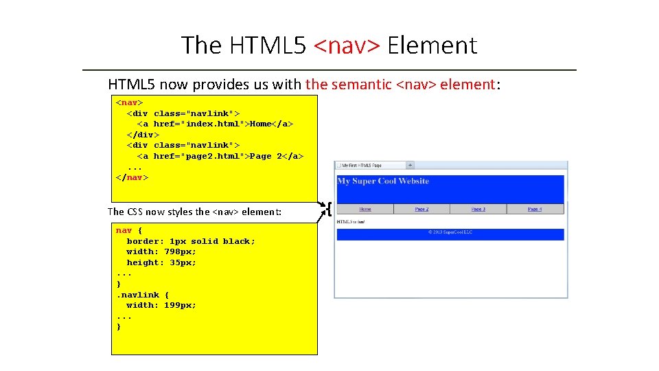 The HTML 5 <nav> Element HTML 5 now provides us with the semantic <nav>