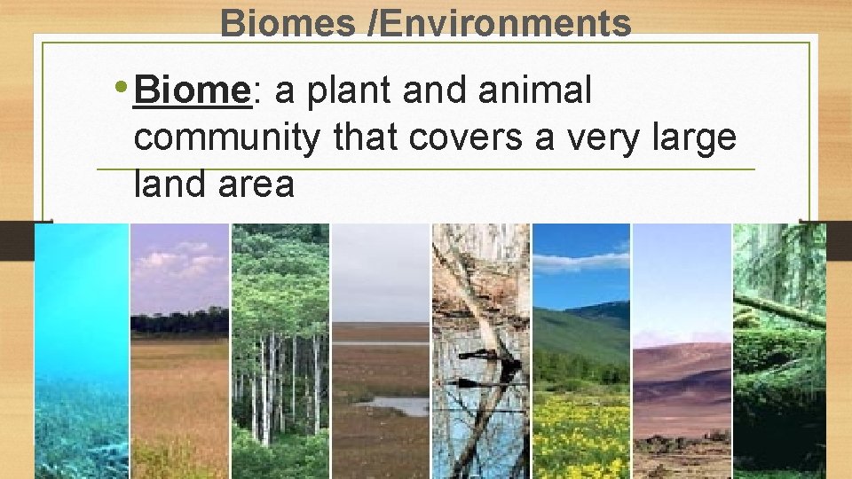 Biomes /Environments • Biome: a plant and animal community that covers a very large
