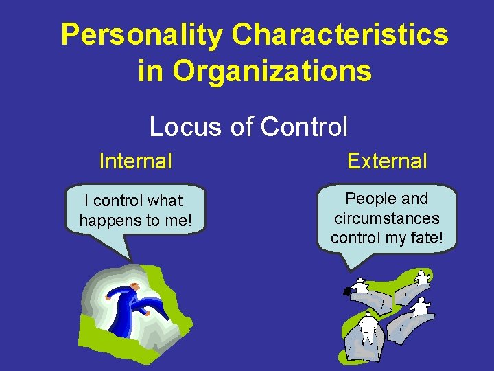 Personality Characteristics in Organizations Locus of Control Internal External I control what happens to