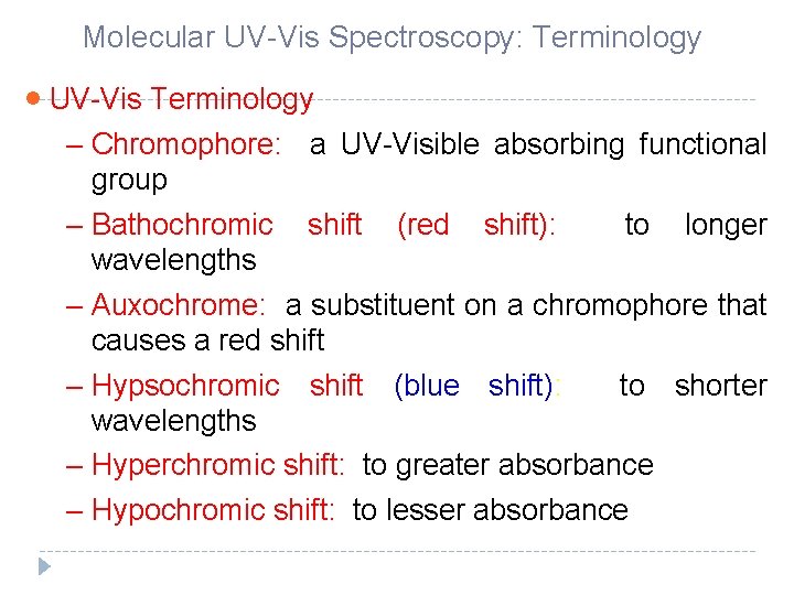 Molecular UV-Vis Spectroscopy: Terminology · UV-Vis Terminology – Chromophore: a UV-Visible absorbing functional group