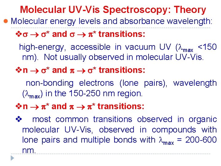 Molecular UV-Vis Spectroscopy: Theory · Molecular energy levels and absorbance wavelength: v * and