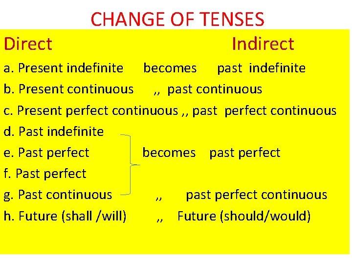 Direct CHANGE OF TENSES Indirect a. Present indefinite becomes past indefinite b. Present continuous