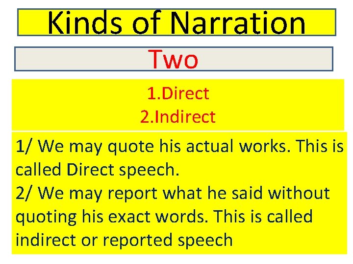 Kinds of Narration Two 1. Direct 2. Indirect 1/ We may quote his actual