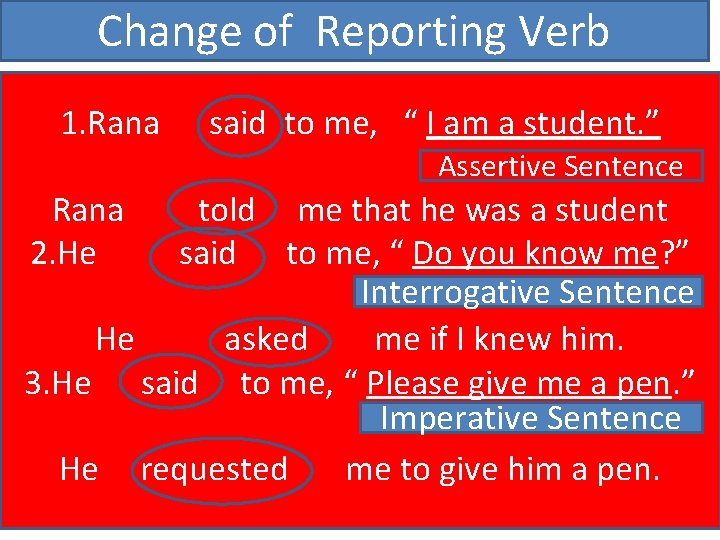 Change of Reporting Verb 1. Rana said to me, “ I am a student.