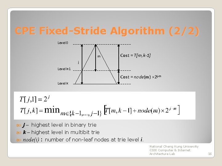 CPE Fixed-Stride Algorithm (2/2) Level 0 m Cost = T[m, k-1] j Level k-1