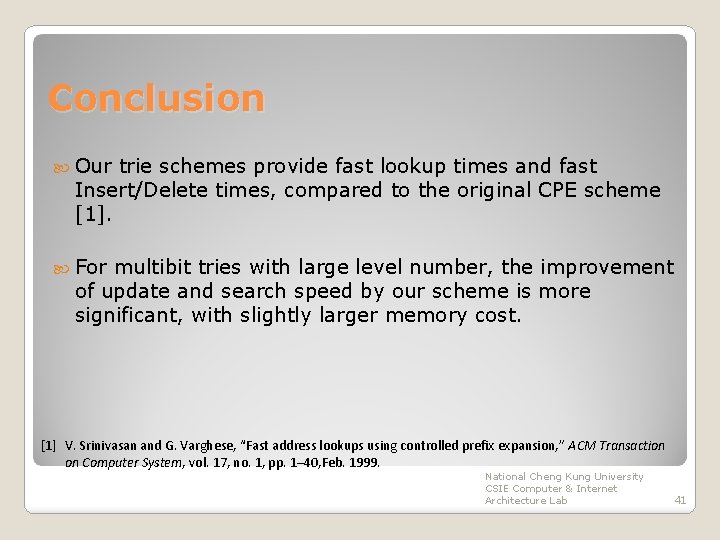 Conclusion Our trie schemes provide fast lookup times and fast Insert/Delete times, compared to