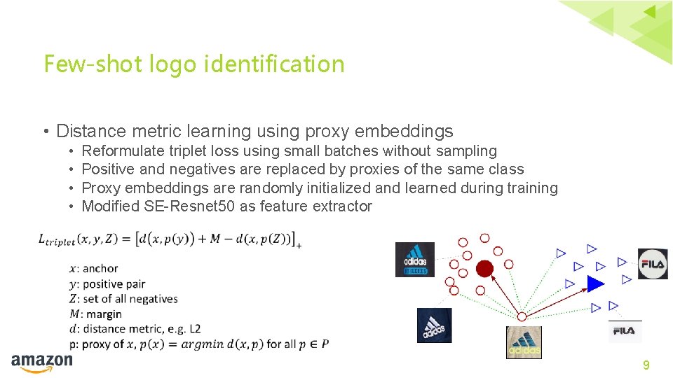 Few-shot logo identification • Distance metric learning using proxy embeddings • • Reformulate triplet
