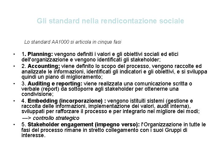Gli standard nella rendicontazione sociale Lo standard AA 1000 si articola in cinque fasi