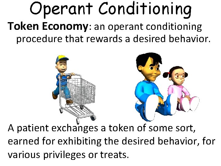 Operant Conditioning Token Economy: an operant conditioning procedure that rewards a desired behavior. A