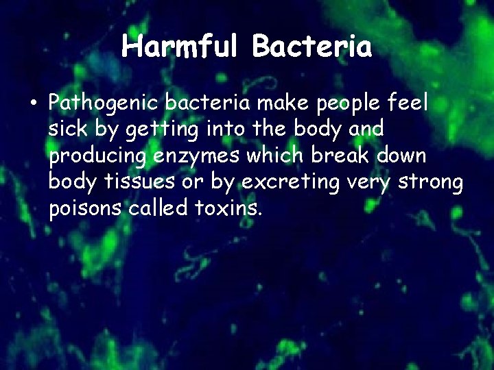 Harmful Bacteria • Pathogenic bacteria make people feel sick by getting into the body