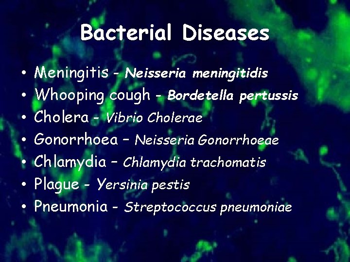 Bacterial Diseases • • Meningitis - Neisseria meningitidis Whooping cough - Bordetella pertussis Cholera