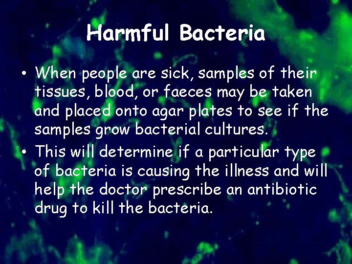 Harmful Bacteria • When people are sick, samples of their tissues, blood, or faeces