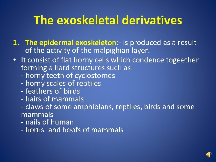 The exoskeletal derivatives 1. The epidermal exoskeleton: - is produced as a result of