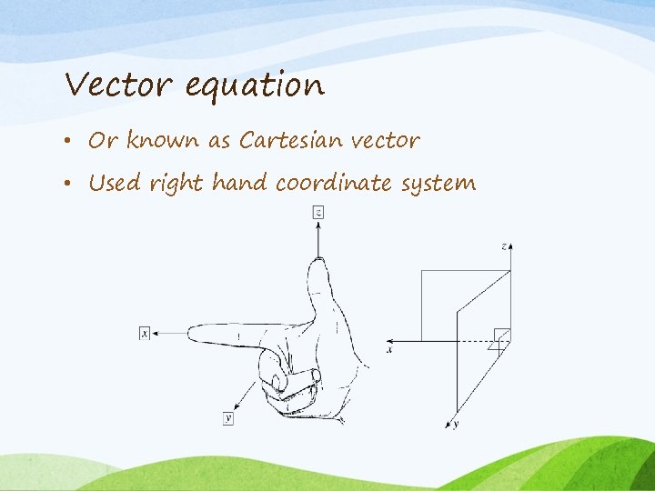 Vector equation • Or known as Cartesian vector • Used right hand coordinate system