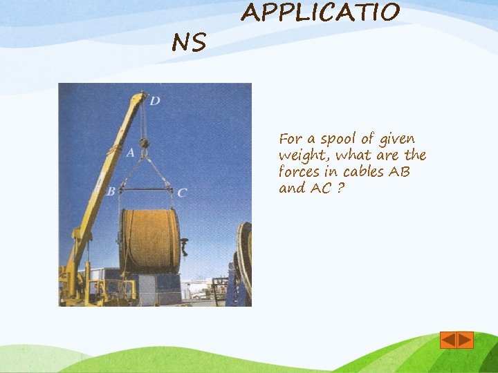 NS APPLICATIO For a spool of given weight, what are the forces in cables