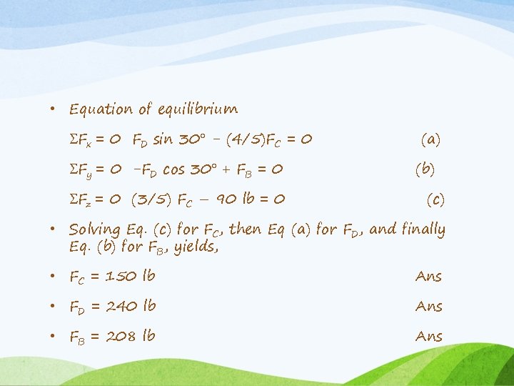  • Equation of equilibrium Fx = 0 FD sin 30 - (4/5)FC =