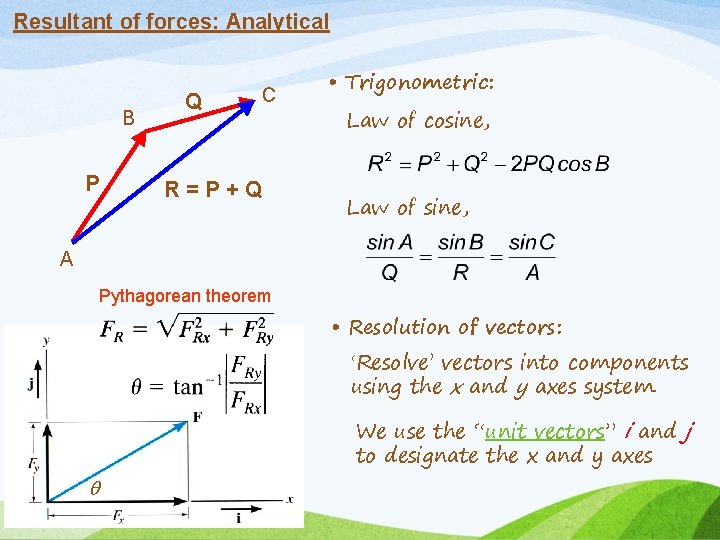 Resultant of forces: Analytical B P Q C R=P+Q • Trigonometric: Law of cosine,