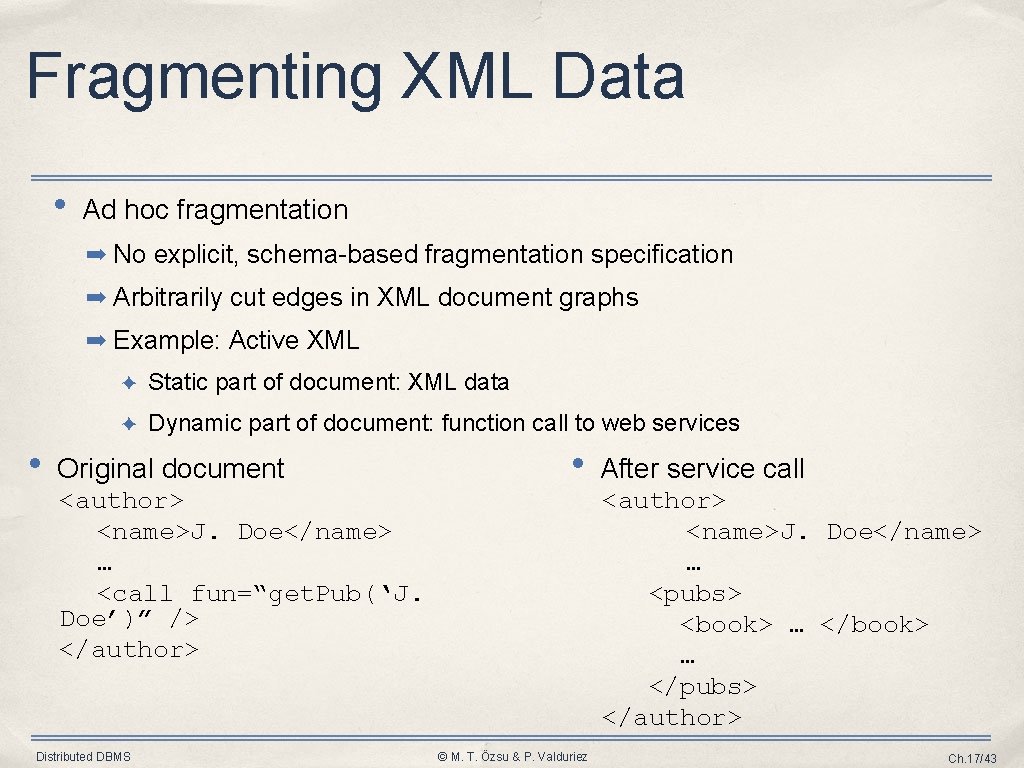 Fragmenting XML Data • Ad hoc fragmentation ➡ No explicit, schema-based fragmentation specification ➡