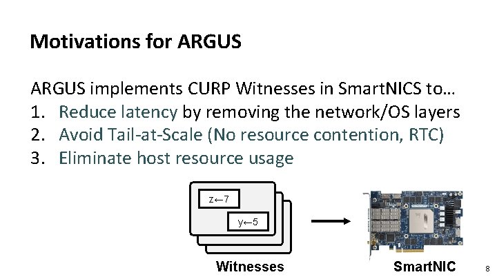 Motivations for ARGUS implements CURP Witnesses in Smart. NICS to… 1. Reduce latency by