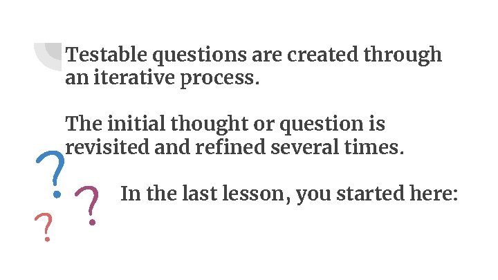Testable questions are created through an iterative process. The initial thought or question is