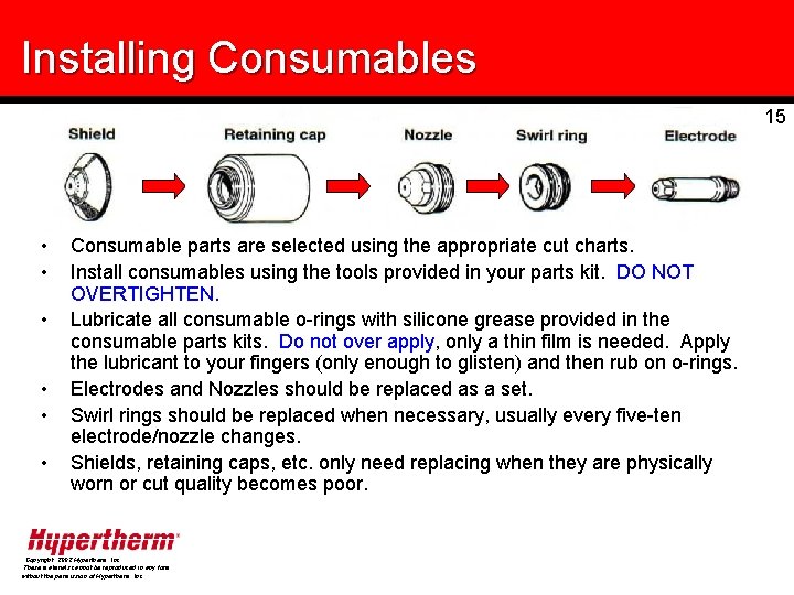 Installing Consumables 15 • • • Consumable parts are selected using the appropriate cut