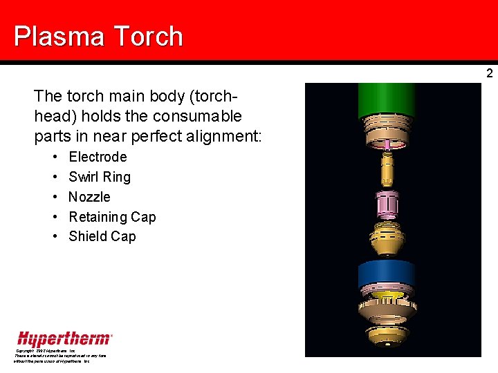 Plasma Torch 2 The torch main body (torchhead) holds the consumable parts in near