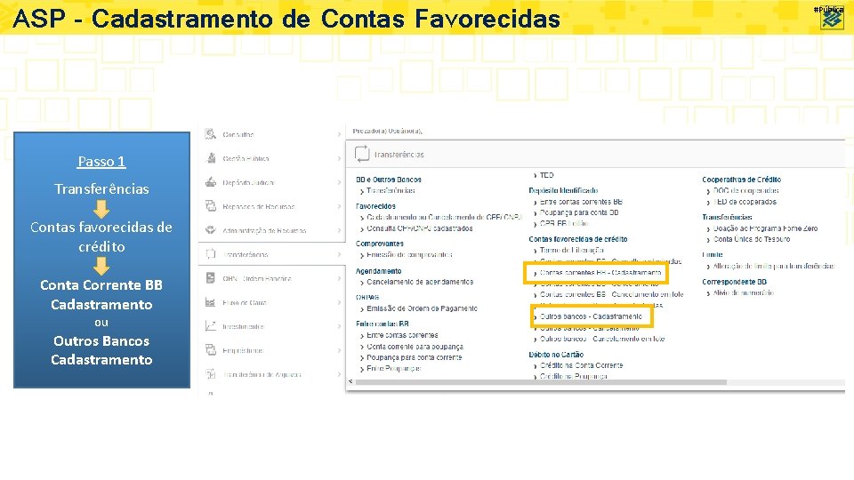 ASP – Cadastramento de Contas Favorecidas Passo 1 Transferências Contas favorecidas de crédito Conta