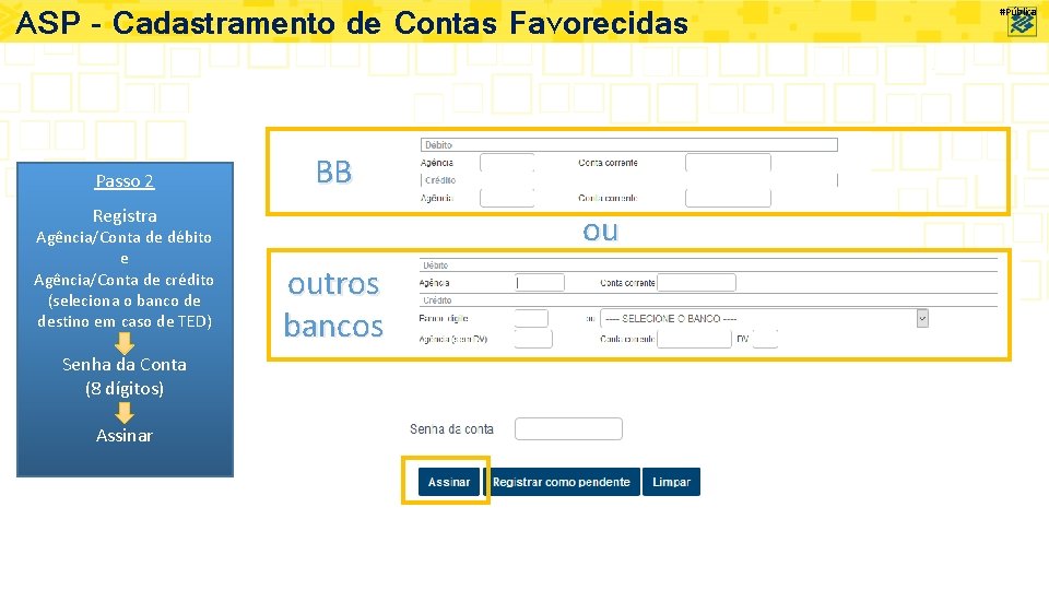 ASP – Cadastramento de Contas Favorecidas Passo 2 BB Registra Agência/Conta de débito e