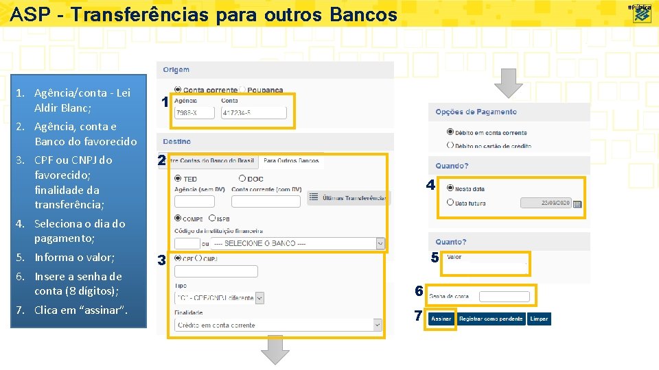 ASP – Transferências para outros Bancos 1. Agência/conta - Lei Aldir Blanc; 2. Agência,