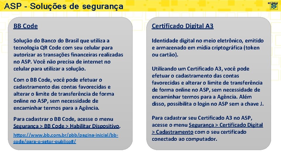 ASP – Soluções de segurança #Pública BB Code Certificado Digital A 3 Solução do