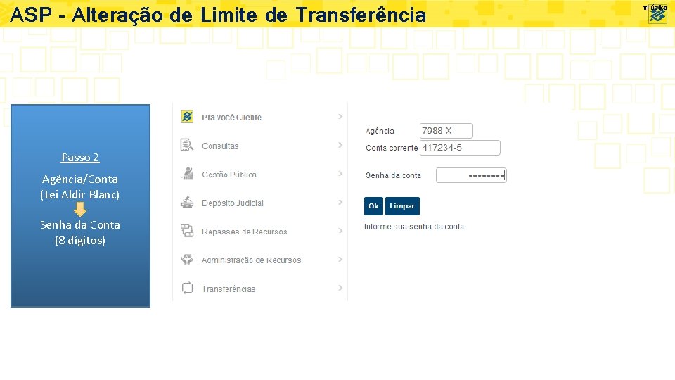 ASP – Alteração de Limite de Transferência Passo 2 Agência/Conta (Lei Aldir Blanc) Senha