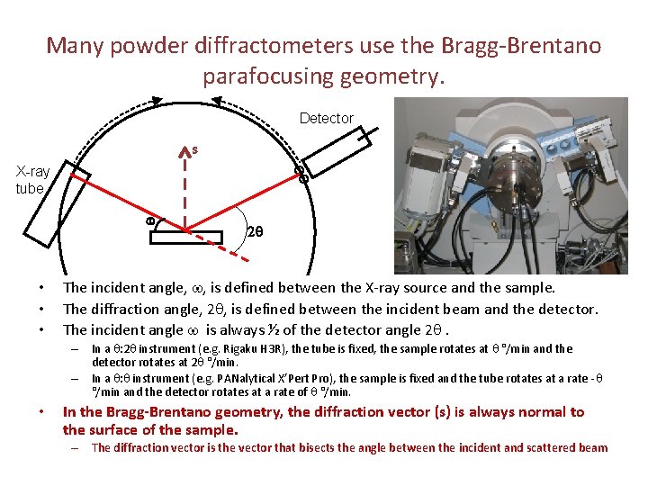 Many powder diffractometers use the Bragg-Brentano parafocusing geometry. Detector s X-ray tube w •