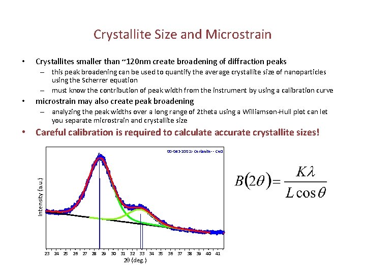 Crystallite Size and Microstrain • Crystallites smaller than ~120 nm create broadening of diffraction