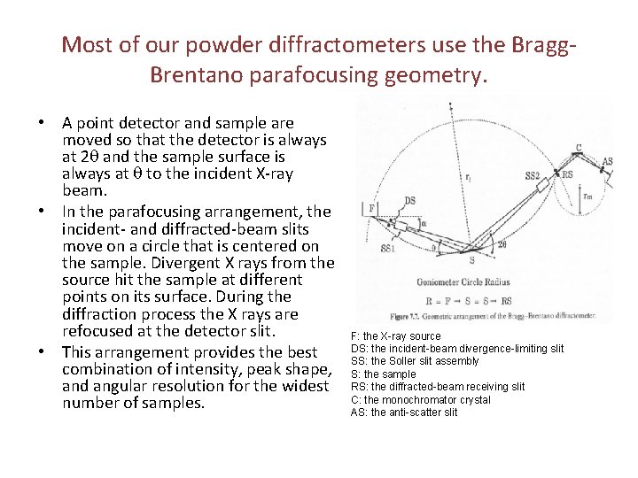 Most of our powder diffractometers use the Bragg. Brentano parafocusing geometry. • A point