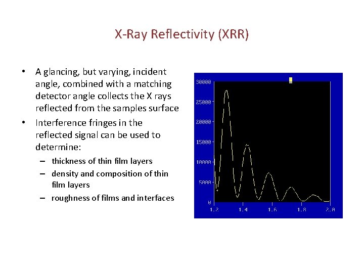 X-Ray Reflectivity (XRR) • A glancing, but varying, incident angle, combined with a matching