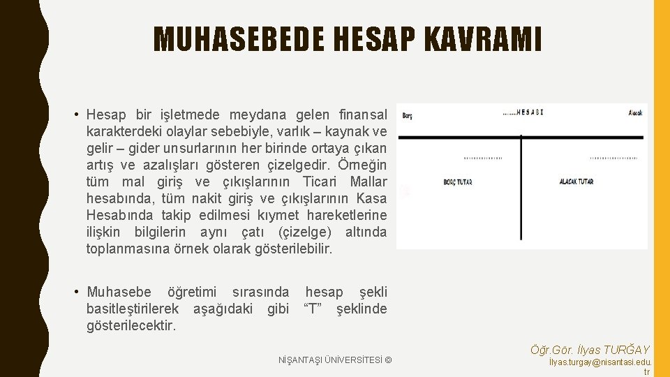 MUHASEBEDE HESAP KAVRAMI • Hesap bir işletmede meydana gelen finansal karakterdeki olaylar sebebiyle, varlık